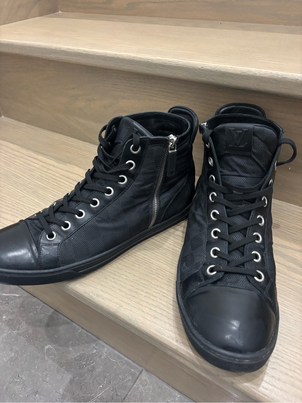 Louis Vuitton Black damier graphite High-Top Leather & Fabric Sneakers